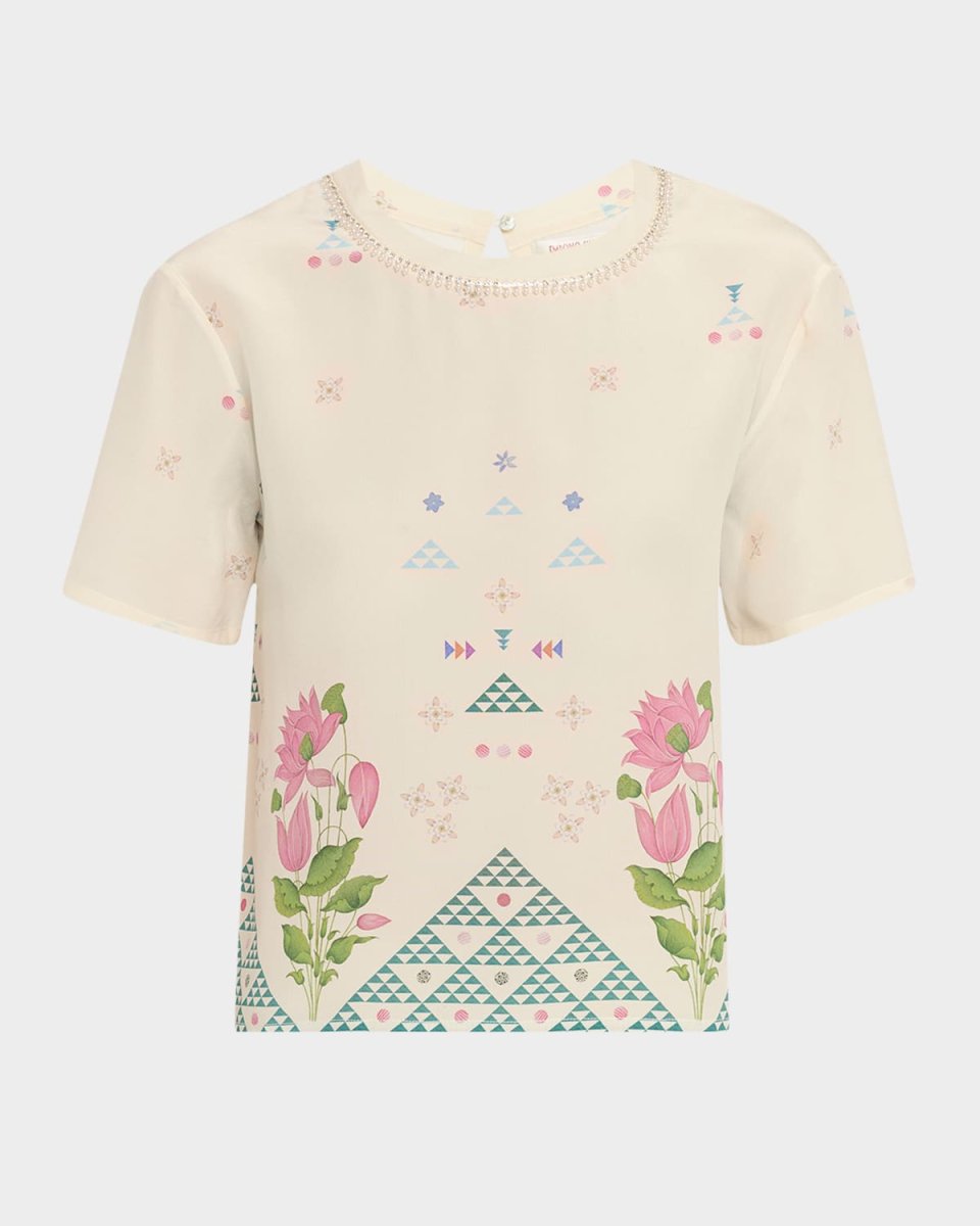 Gabrielle Crystal-Neck Short-Sleeve Silk Top